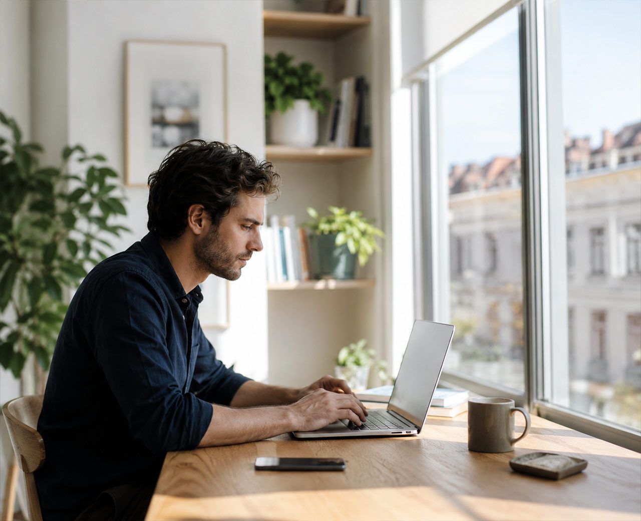 Person working at a desk beside a large window with bright natural daylight flooding in from the side