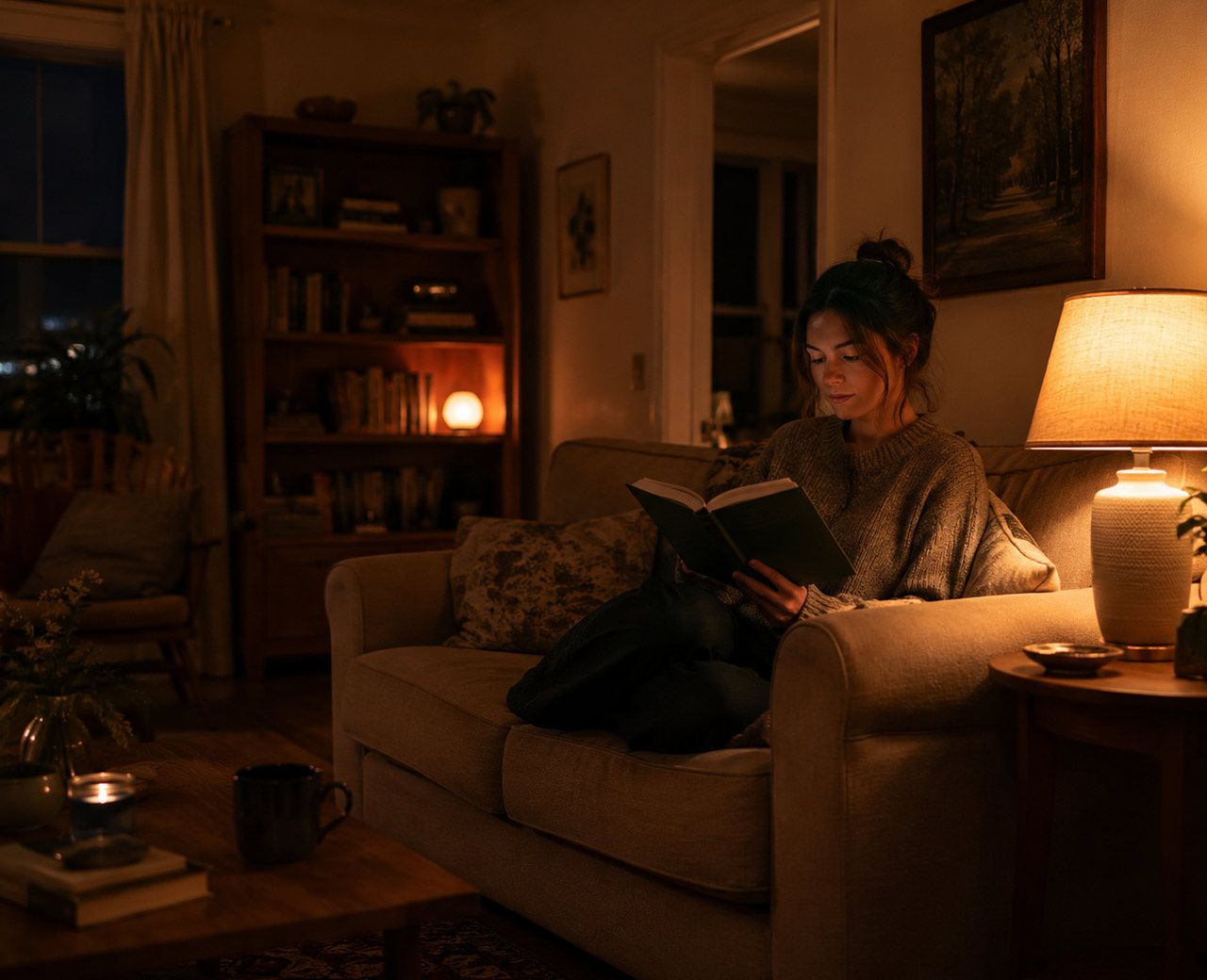 Person reading on a sofa in a living room lit only by warm table lamps in the evening with overhead lights off