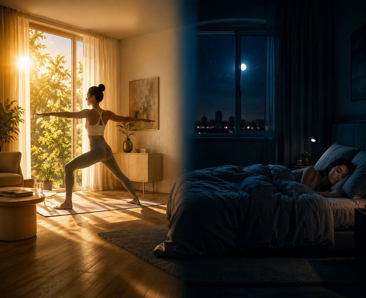  Split scene contrasting a bright daylit room on one side with a dark calm bedroom on the other illustrating day and night light environments