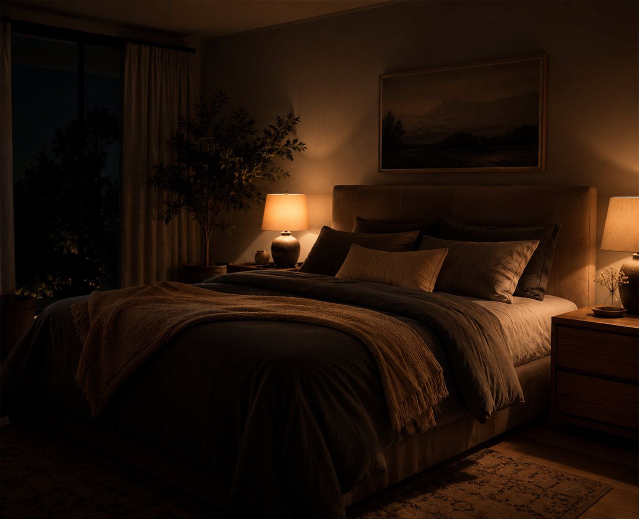 Bedroom in the evening lit only by warm amber table lamps with overhead lights off and a calm dimly lit atmosphere