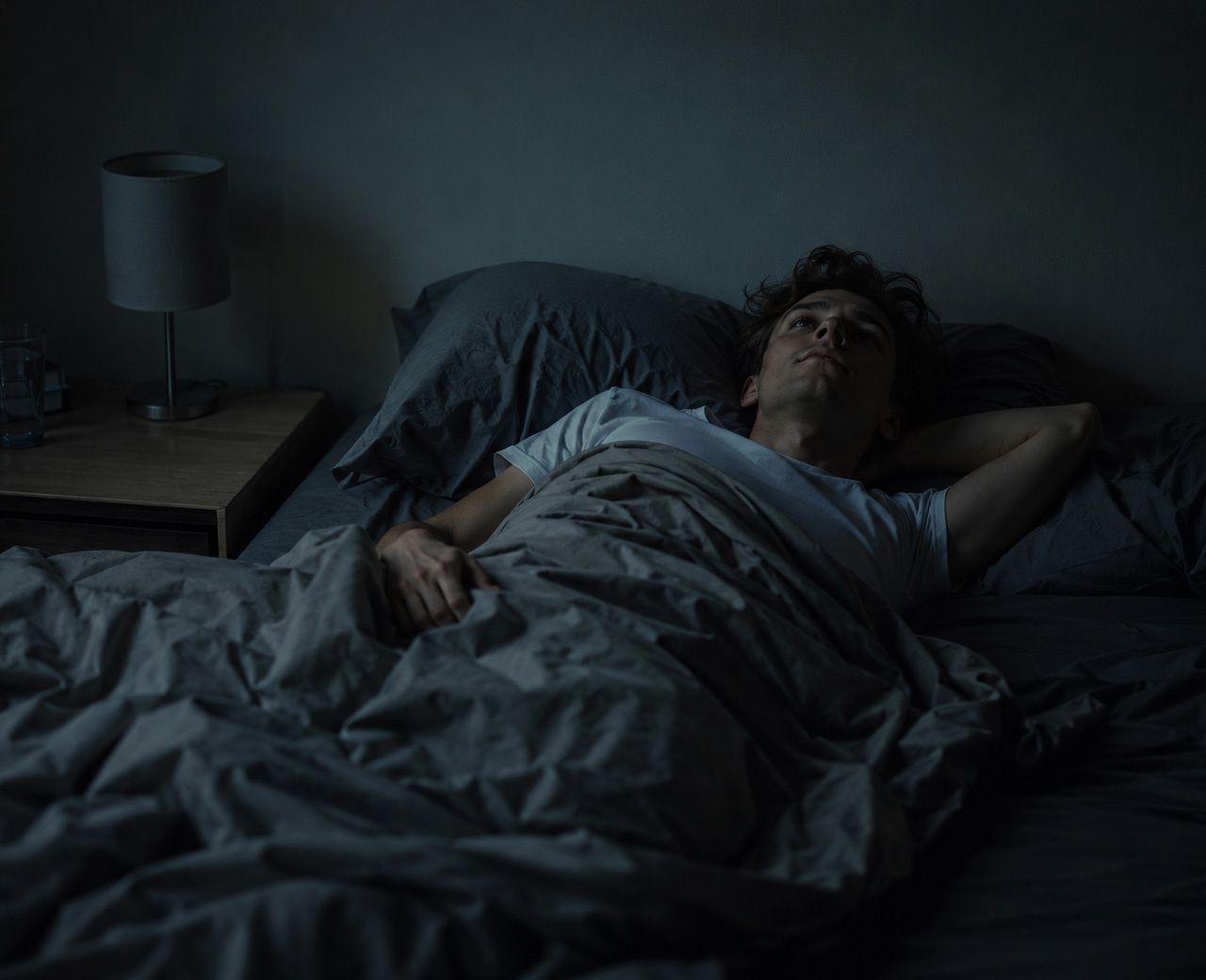 Person lying awake in bed staring at the ceiling in a dark room with tangled sheets and a restless expression