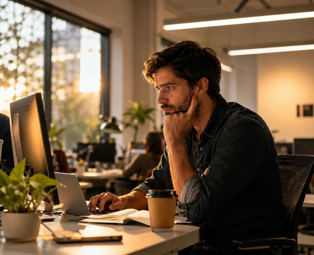 Person working at a desk in the late afternoon with a coffee cup beside them under bright office lighting