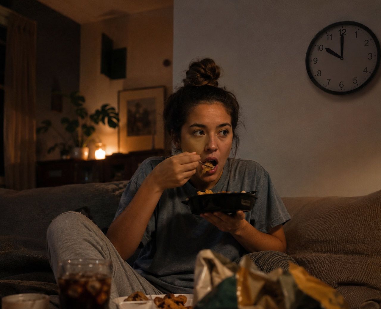 Person eating a late night meal on the couch in a dimly lit living room with a clock showing late evening on the wall