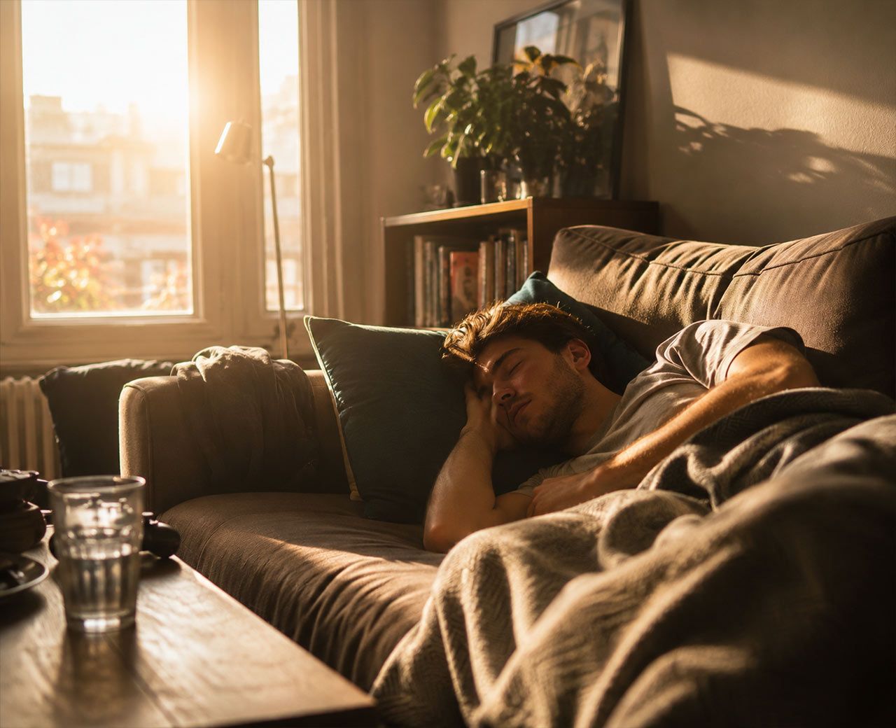 Person sitting on the edge of their bed in the morning rolling their neck and shoulders with a pained expression suggesting poor mattress support