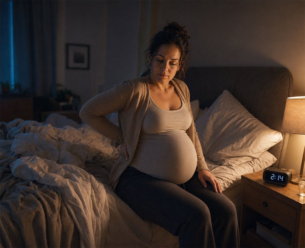 Pregnant woman sitting on the edge of the bed at 2am holding her lower back