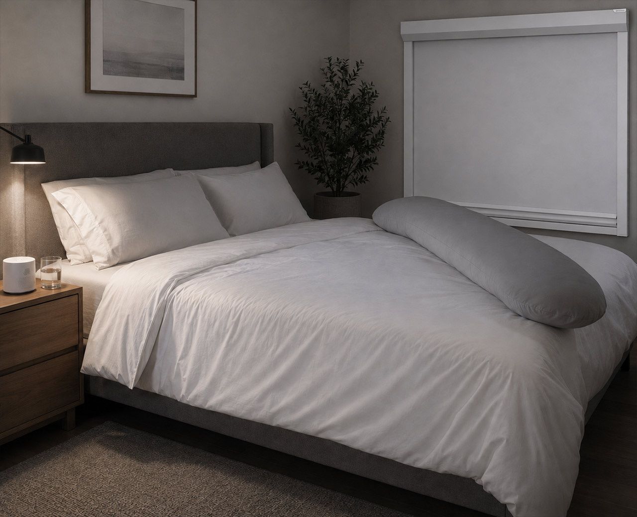 Cool dark bedroom set up for pregnancy sleep with a pregnancy pillow and white noise machine