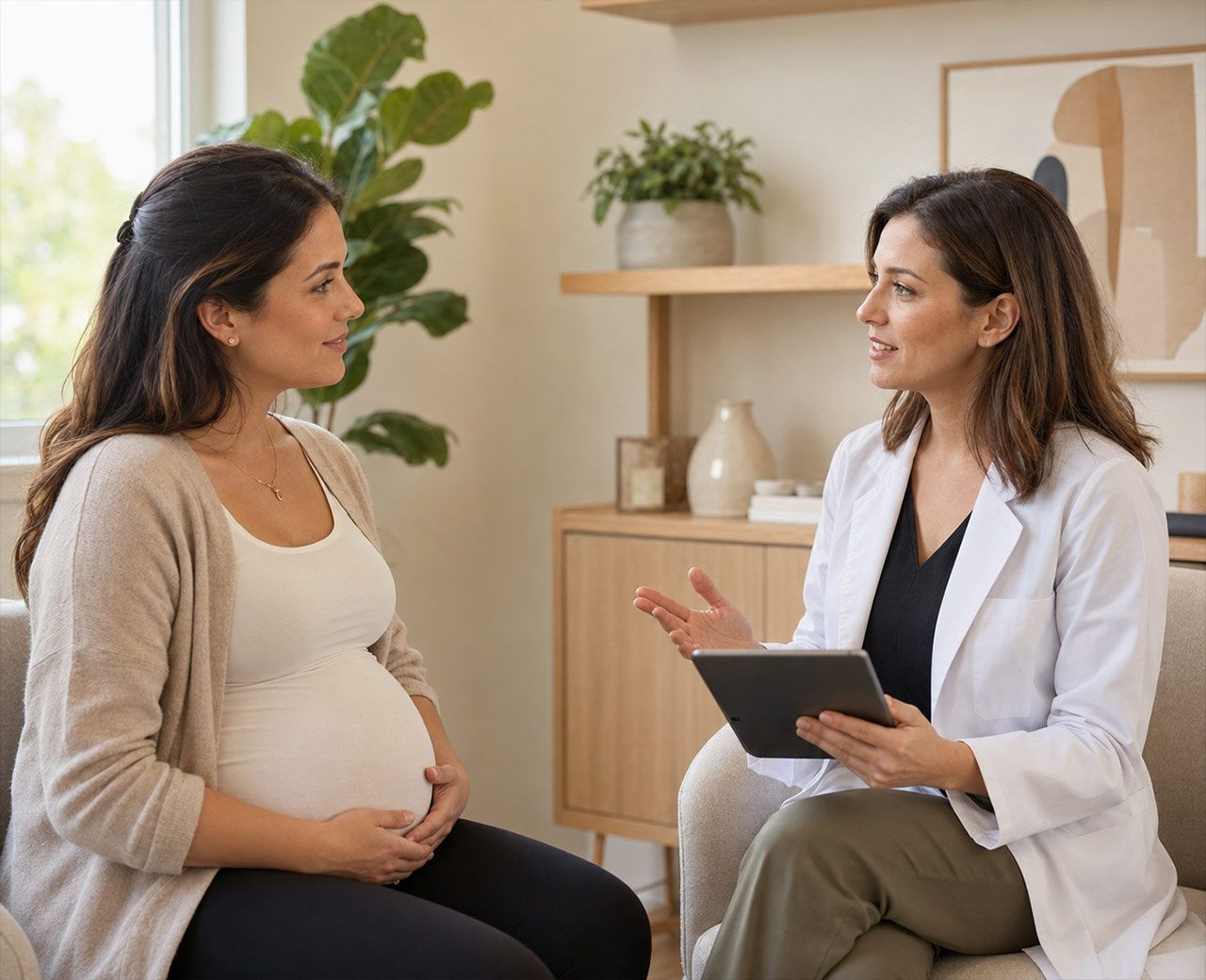 Pregnant woman discussing sleep problems with her doctor during a consultation