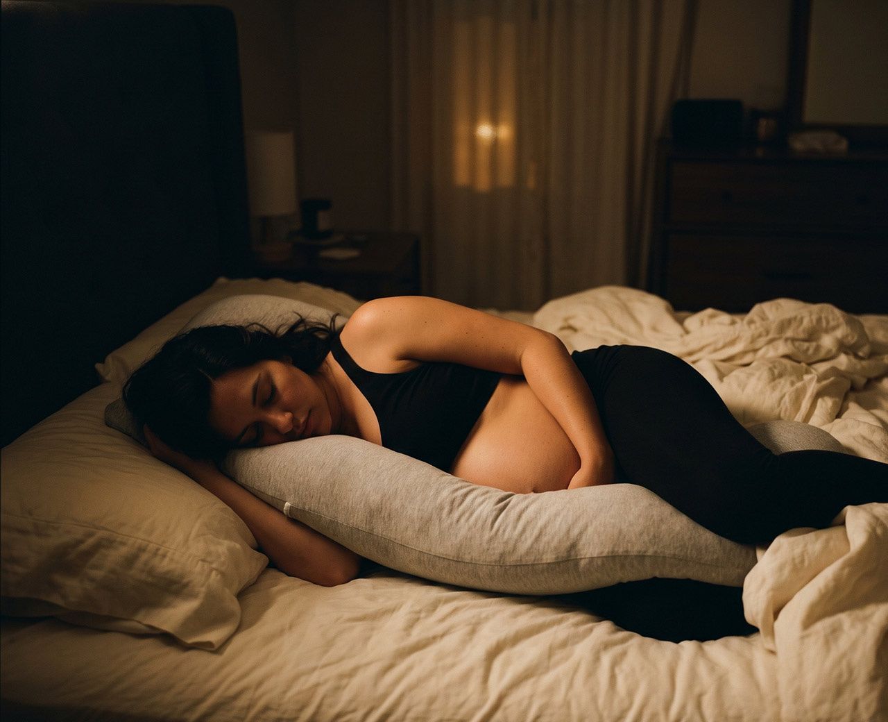 Pregnant woman sleeping on her left side supported by a full length pregnancy pillow