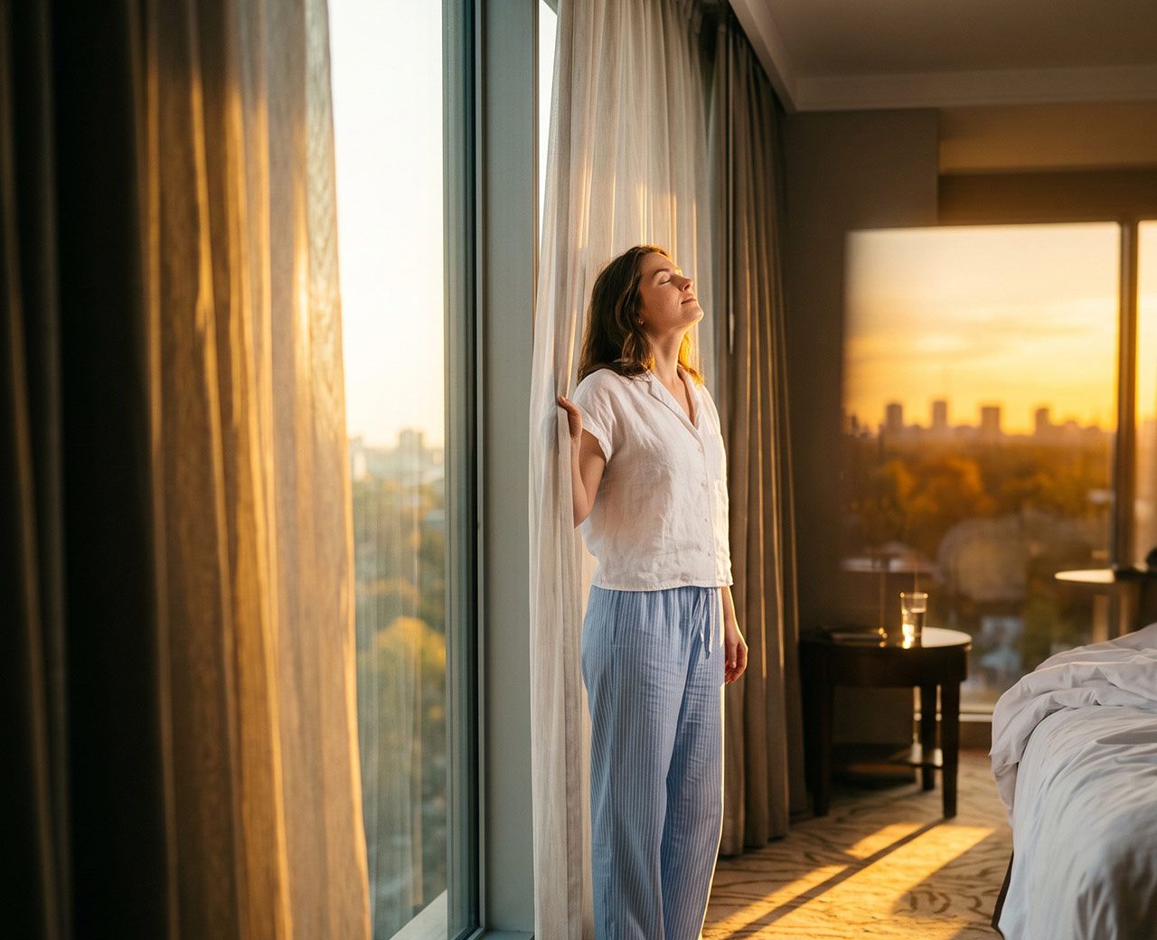 Person standing at a hotel window in bright morning sunlight to reset their body clock