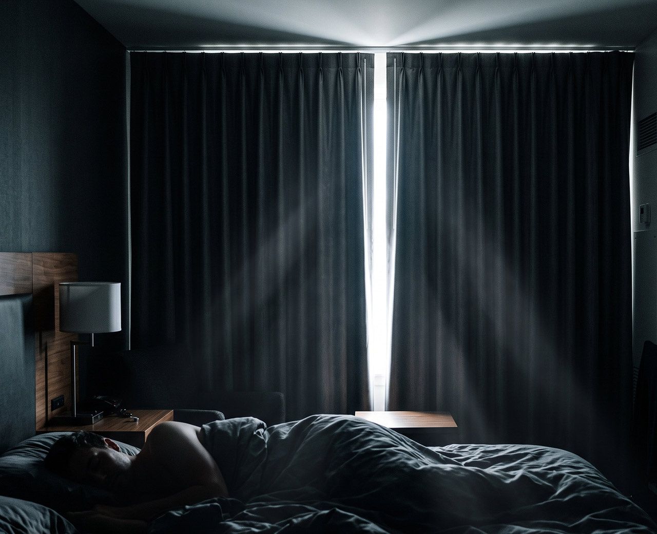 Daylight leaking around the edges of closed hotel curtains into a dark bedroom