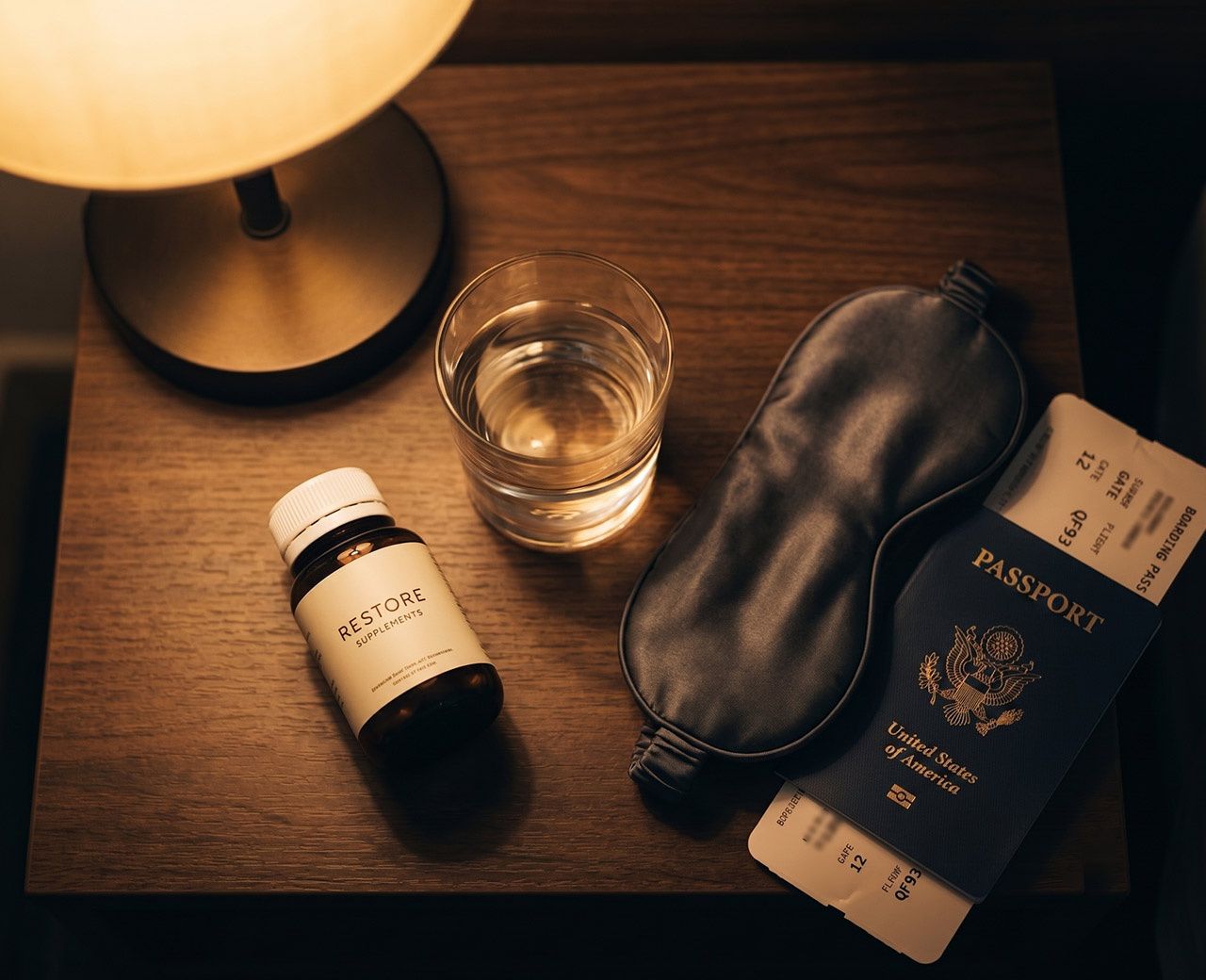 Nightstand with a melatonin bottle, water glass, eye mask and passport in a dark hotel room