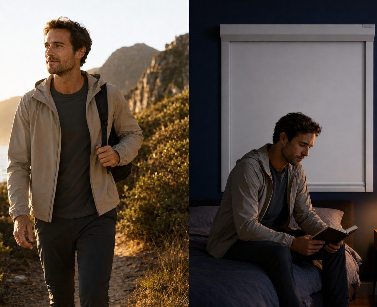 Split image showing a traveler in bright morning light and later in a dark bedroom at night