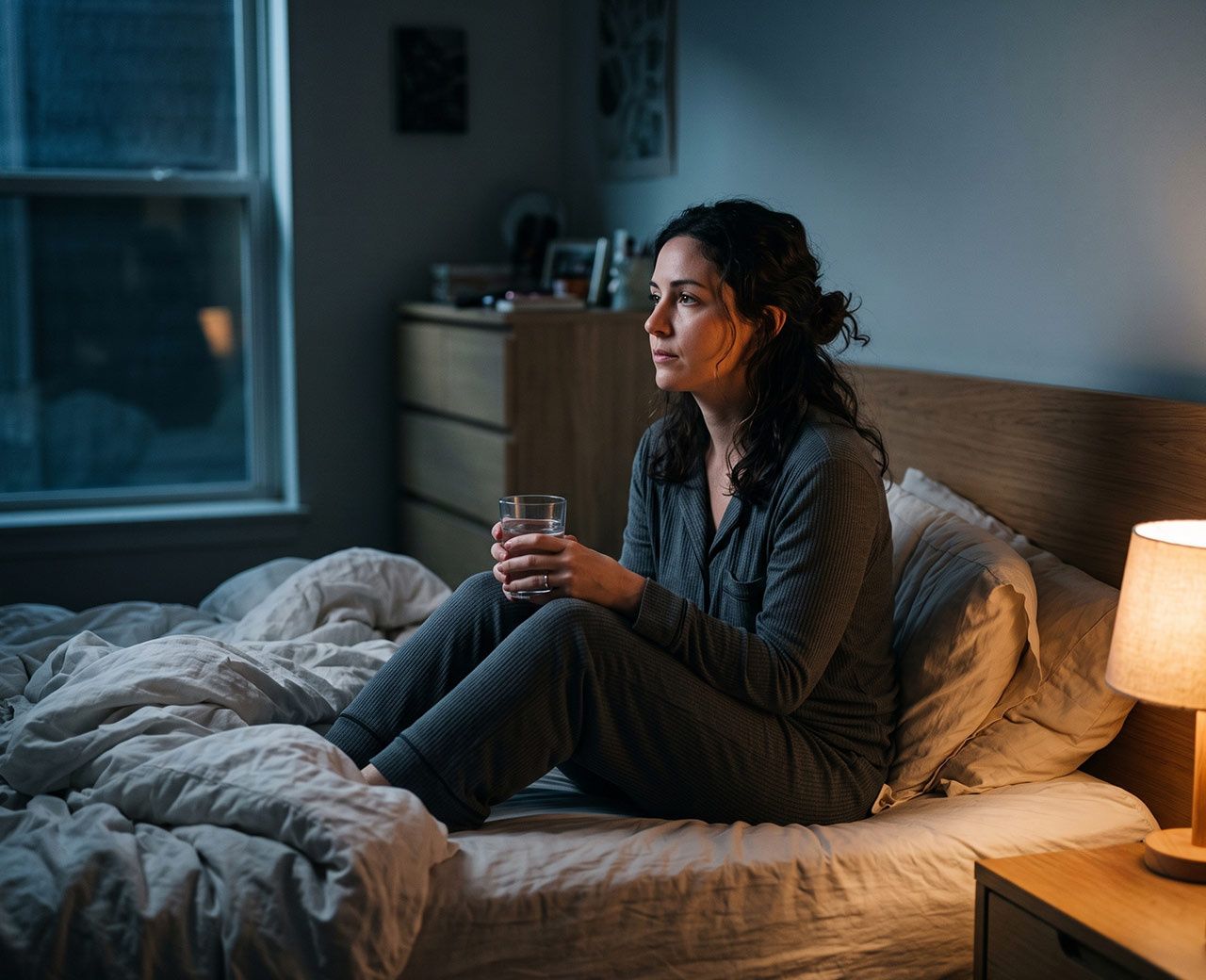 Person sitting up in bed at night holding a glass of water in a dimly lit bedroom