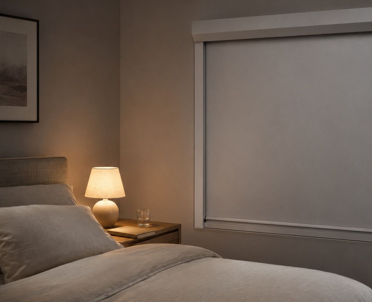 Simple, uncluttered bedroom with closed window coverings and one small bedside lamp