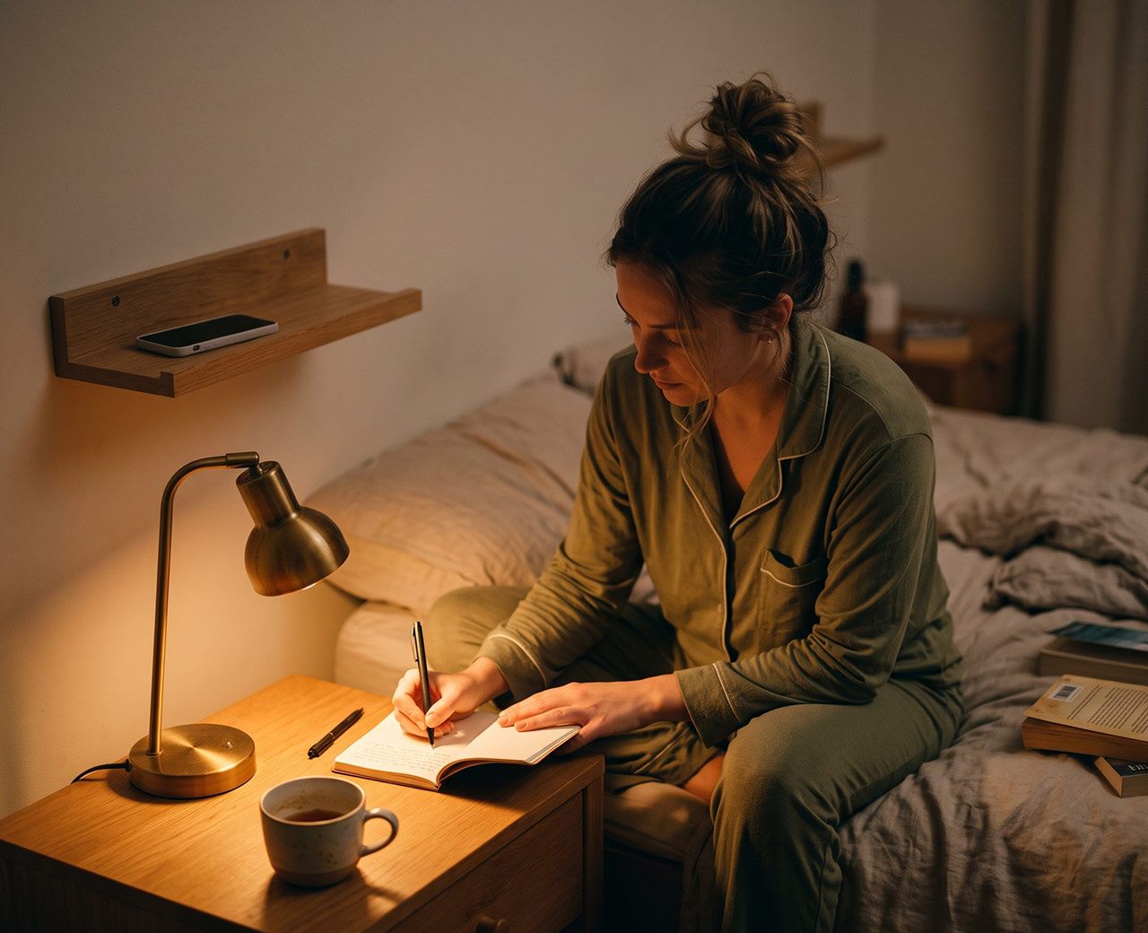 Person writing in a notebook by low lamp light as part of a calming bedtime routine