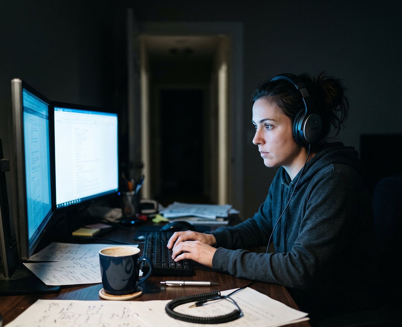Adult working at a glowing desk late at night while the rest of the house is dark