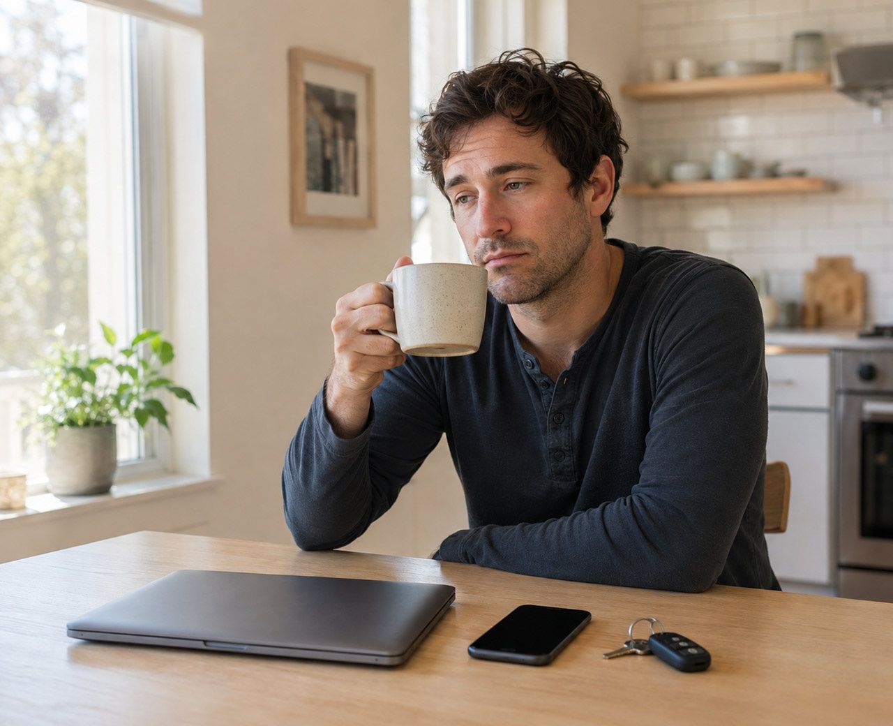 Tired adult sitting at a kitchen table in the morning after a night of poor sleep