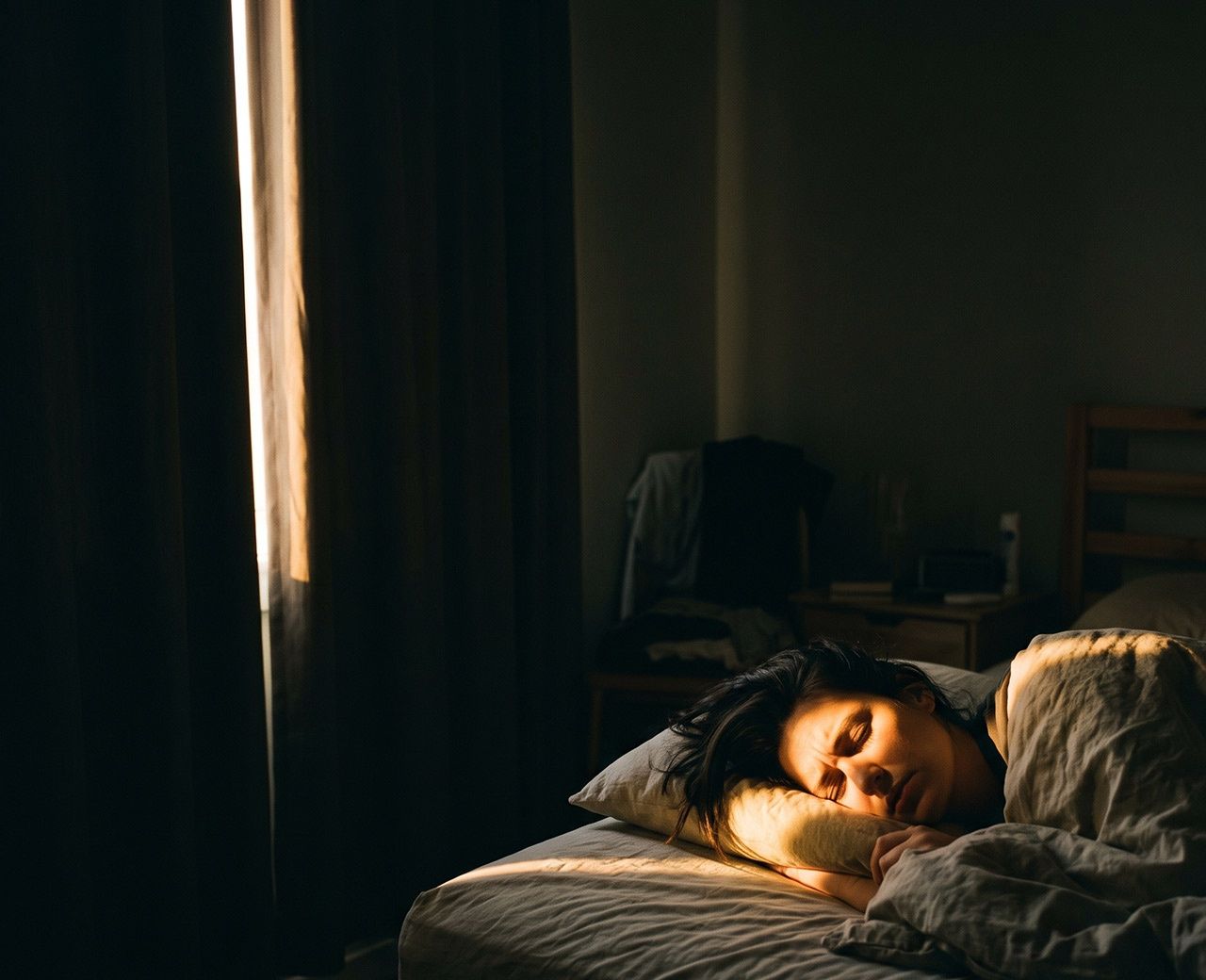 Early morning light leaking through a curtain gap onto the face of a sleeping adult