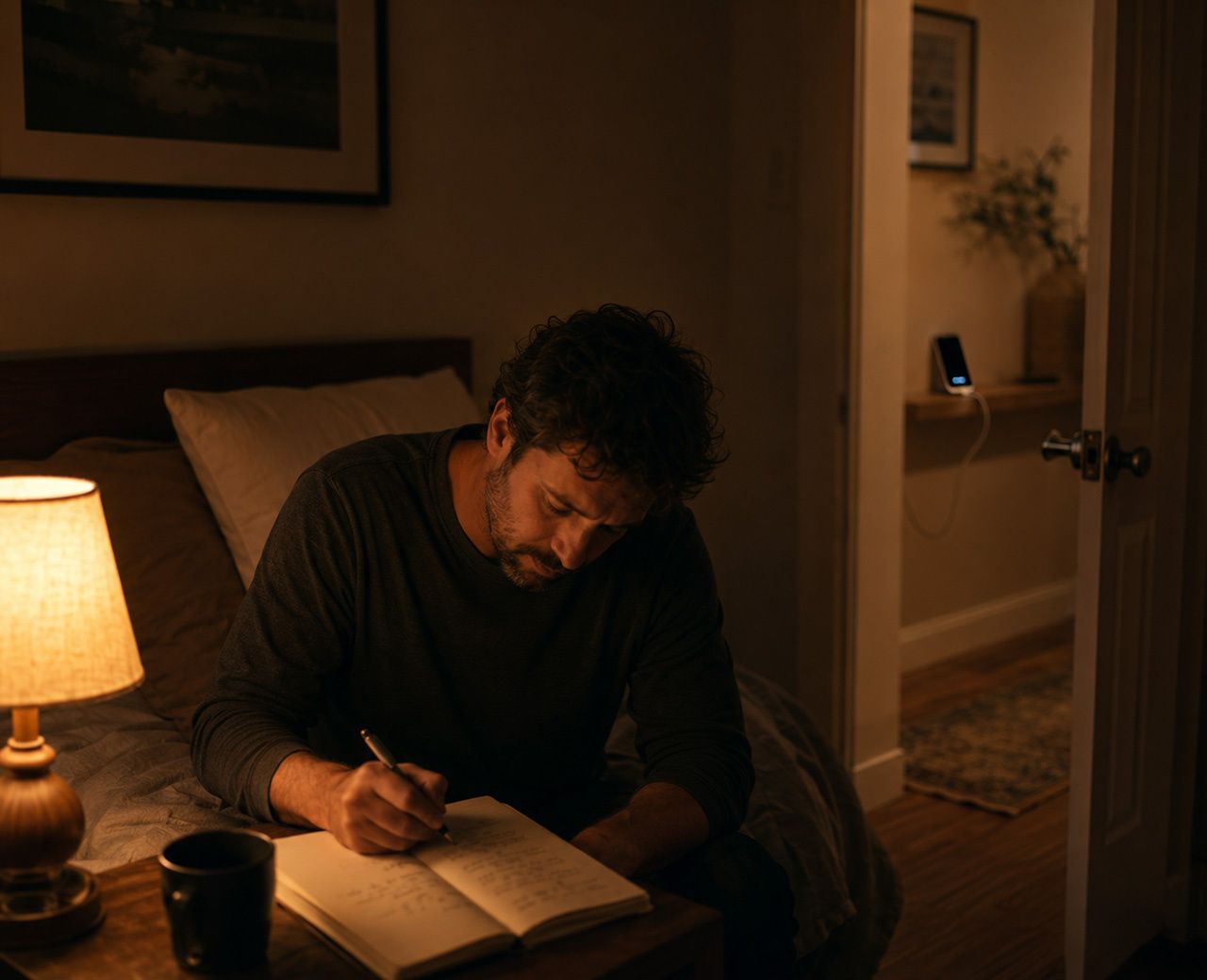 Adult writing a brain dump list by lamp light with their phone charging outside the bedroom