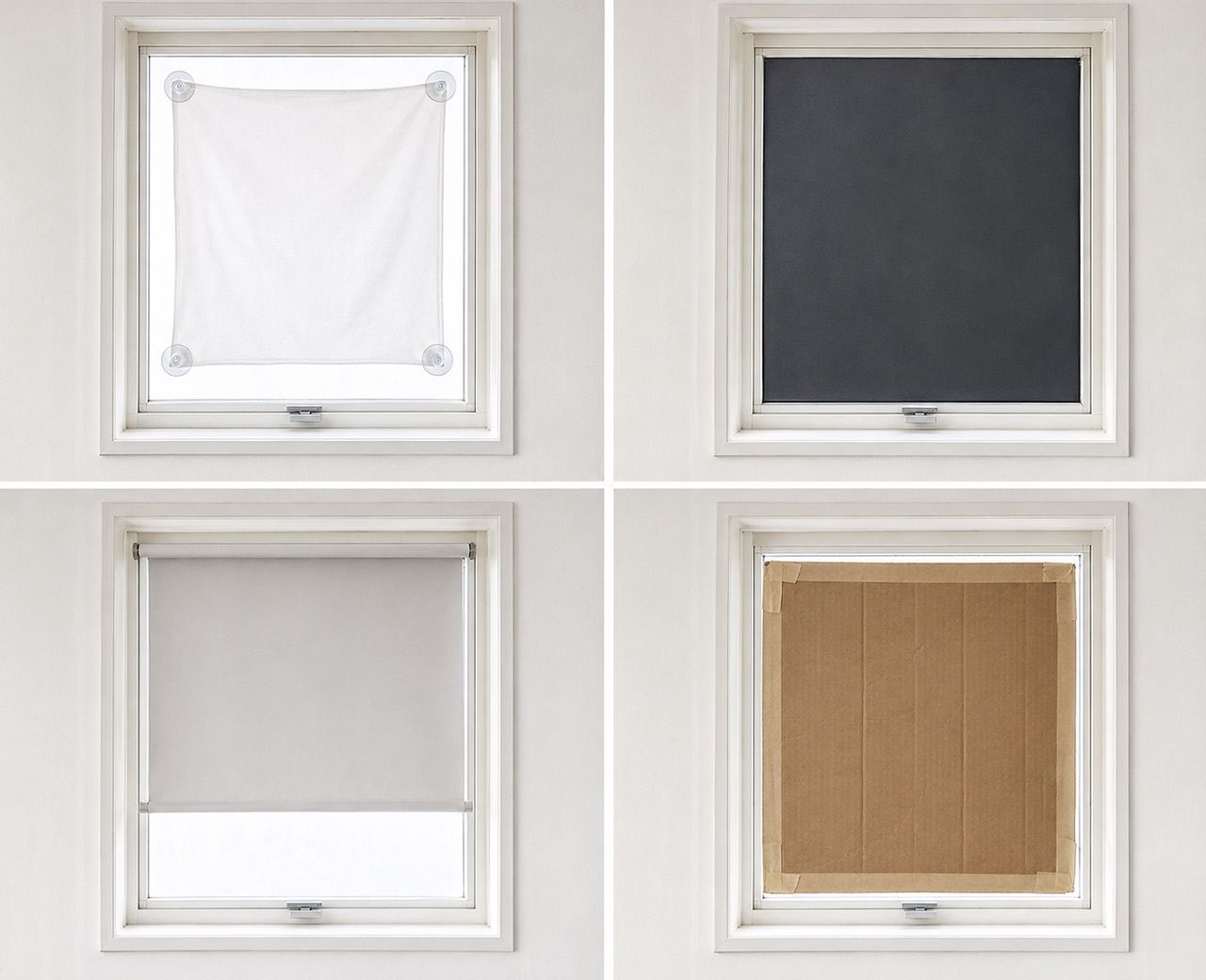 Four apartment windows showing suction cup curtains, window film, a tension rod blind and cardboard