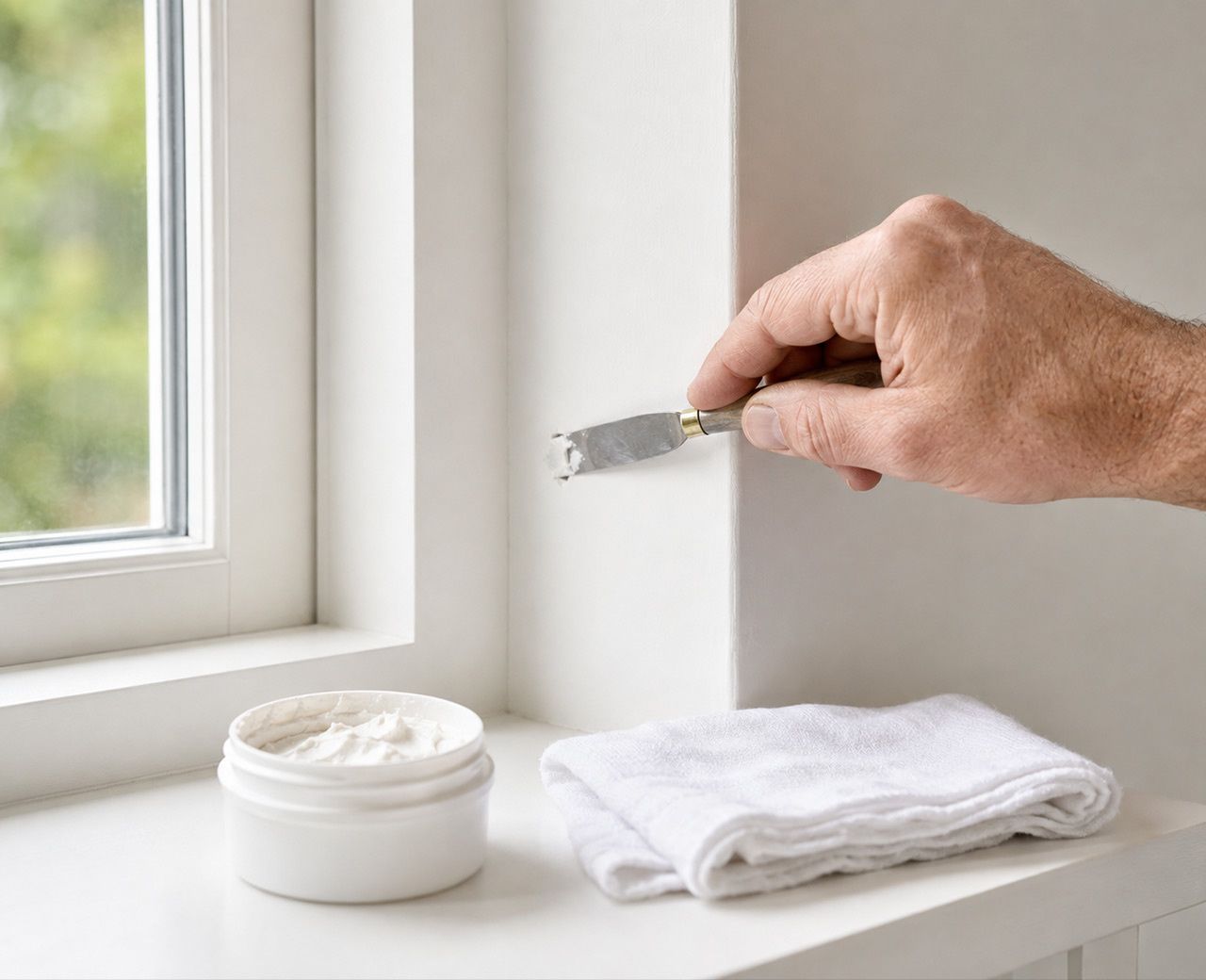 Hand filling a small screw hole in a white window recess with spackle before move out