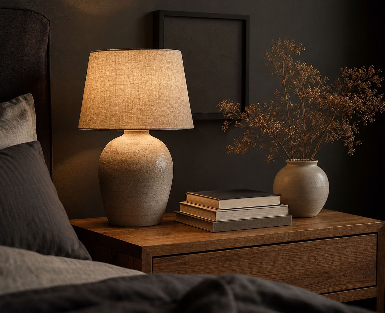 Dark bedroom corner detail showing charcoal wall, oak nightstand and a linen shade lamp