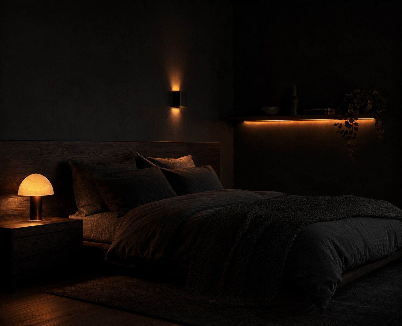 Dark bedroom at night lit by a bedside lamp, wall sconce and warm under shelf lighting