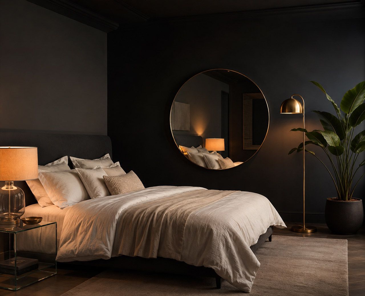 Dark bedroom kept feeling open with a large mirror, light bedding, glass surfaces and greenery