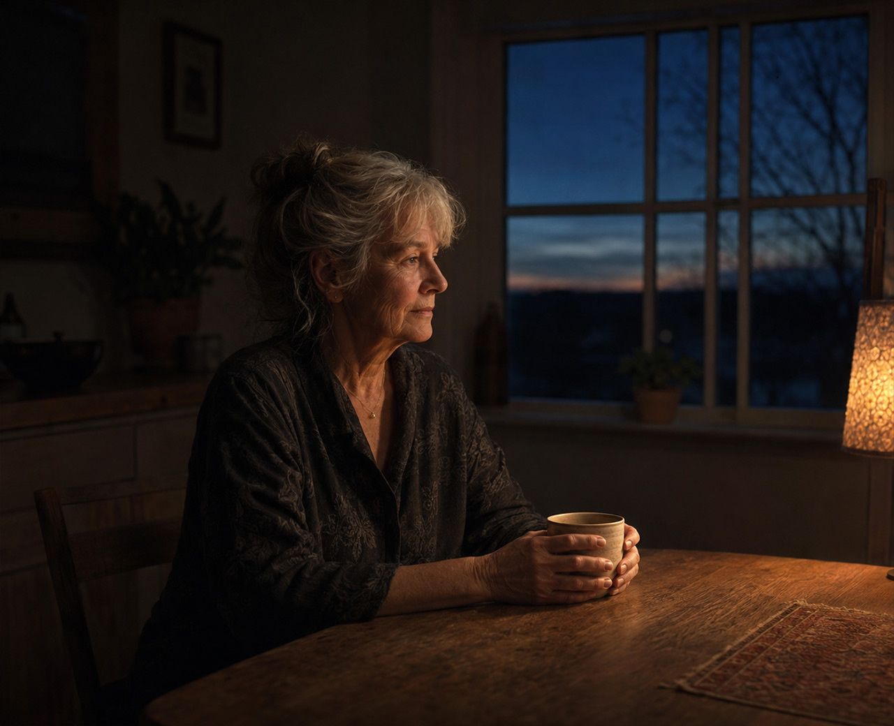 Older woman sitting alone with tea in a quiet kitchen before sunrise after waking early