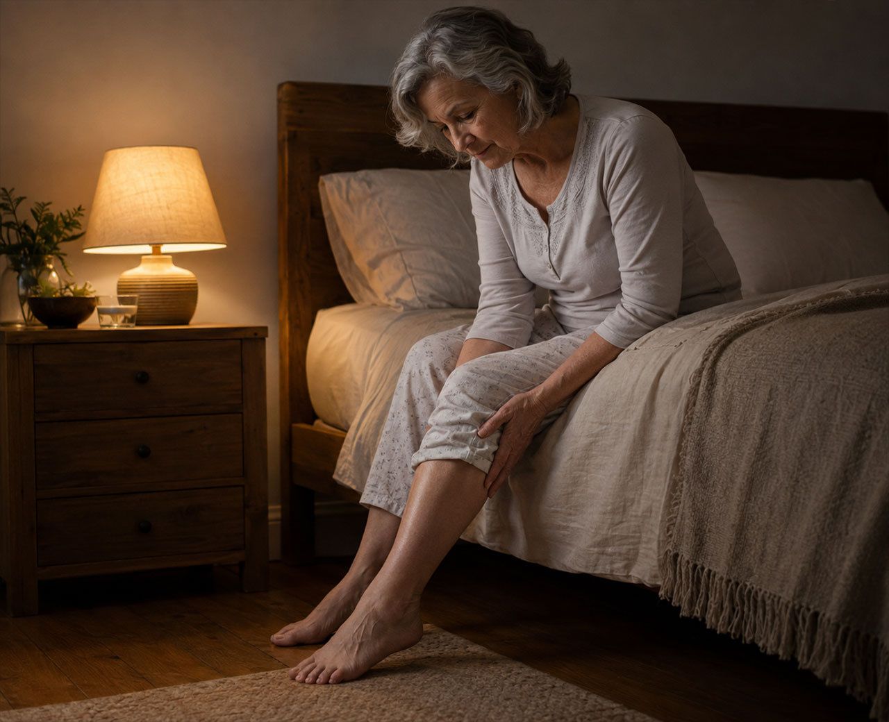 Older woman sitting on the edge of her bed at night rubbing her leg during restless sleep