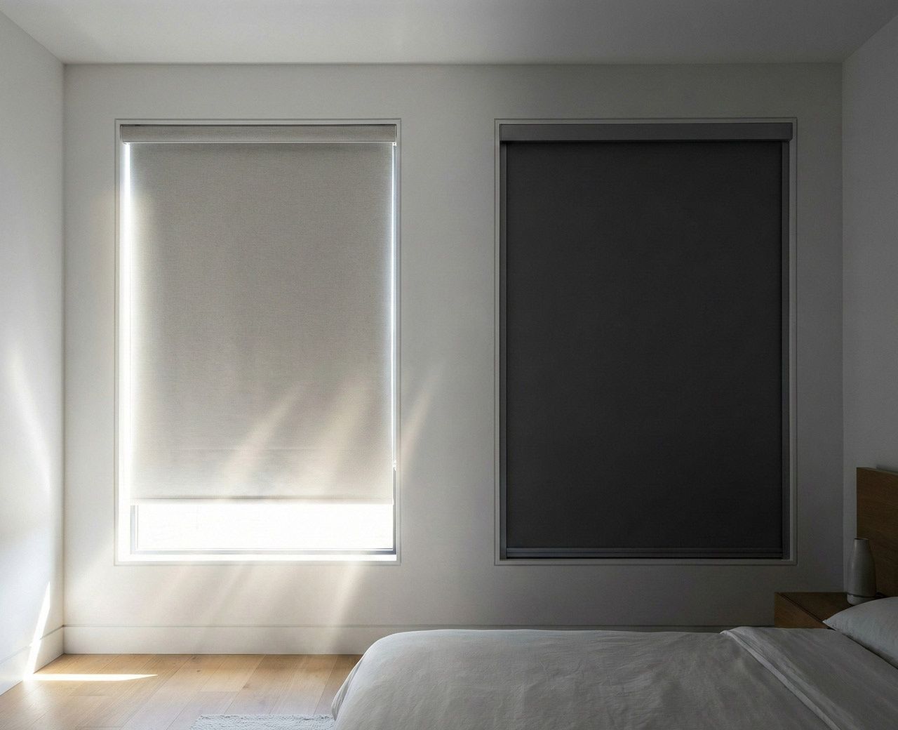 Side by side comparison of a standard roller shade with visible light leaking around edges versus a UBlockout sealed track shade blocking all light