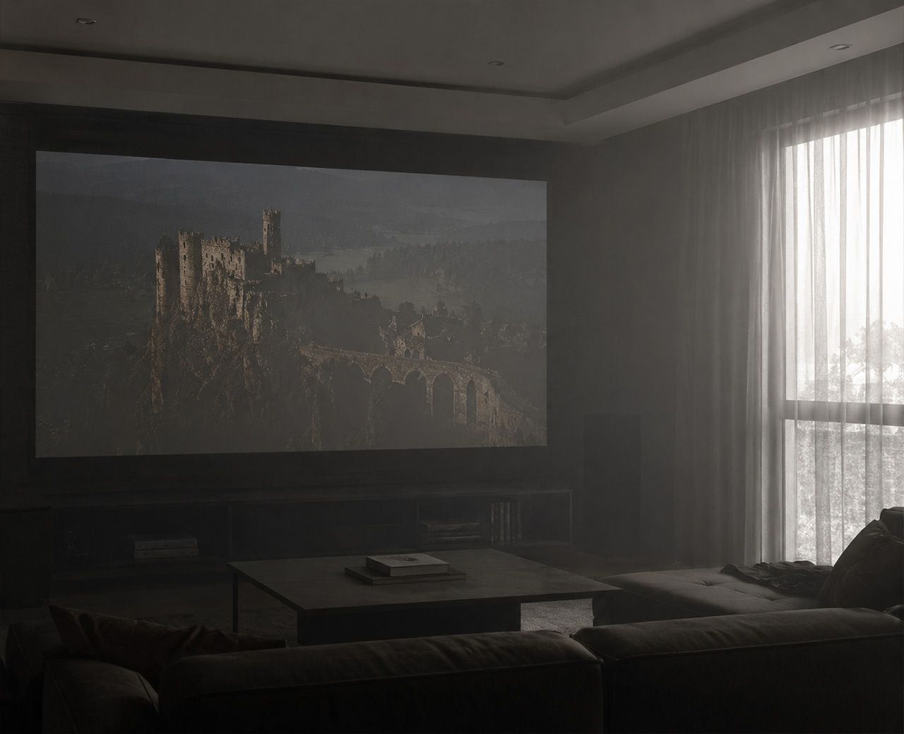 A projector screen showing a washed out gray image caused by ambient light leaking into a home theater room.