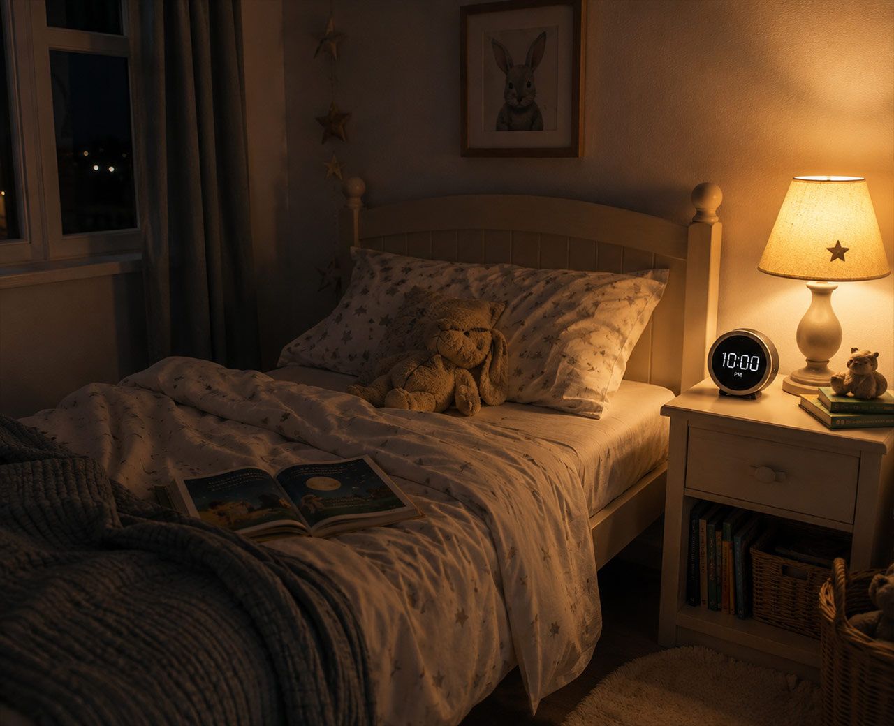 An empty unmade child's bed at 10pm with a glowing bedside lamp and an open book on the pillow.