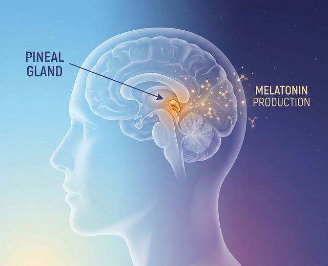 Anatomical illustration showing the pineal gland in the human brain producing melatonin, with golden particles representing hormone release against a day-to-night gradient background