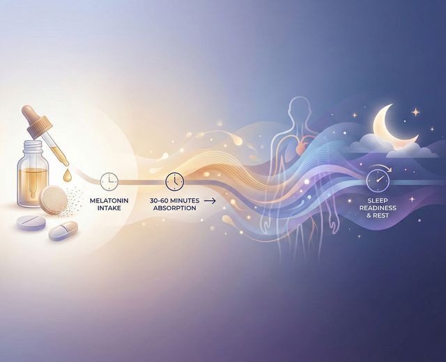 Timeline illustration showing melatonin absorption from supplement intake through 30-60 minute absorption period to sleep readiness, with day-to-night gradient
