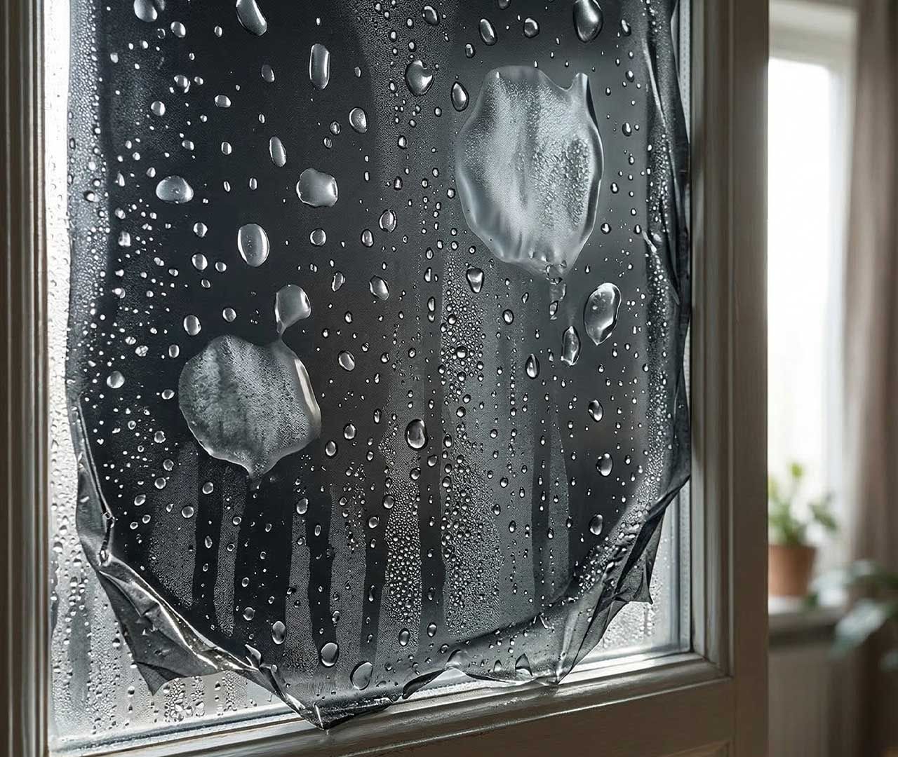A close-up photo of a window with blackout film showing visible bubbling, peeling edges and moisture droplets trapped between the film and glass, natural daylight, realistic interior setting