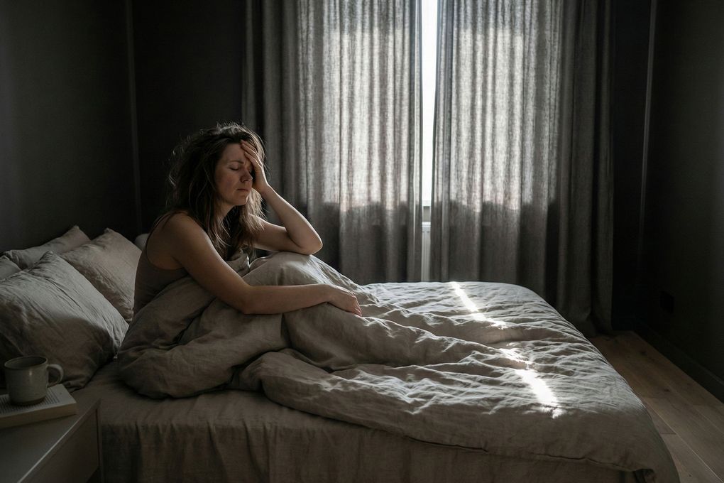 Stressed lady in bed unable to sleep due to light leak 