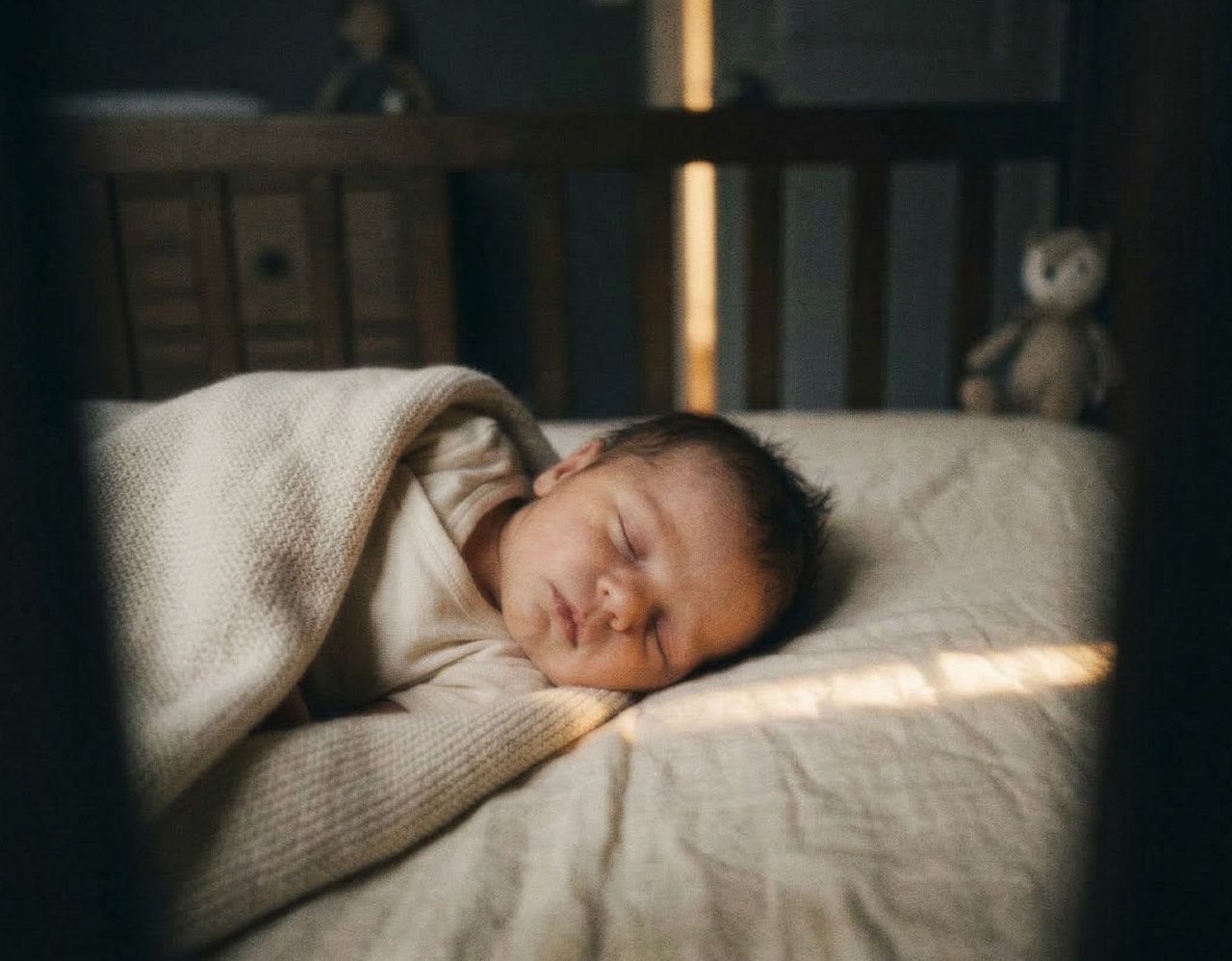 Newborn sleeping in dark nursery crib with stripe of light from curtain gap falling across the mattress
