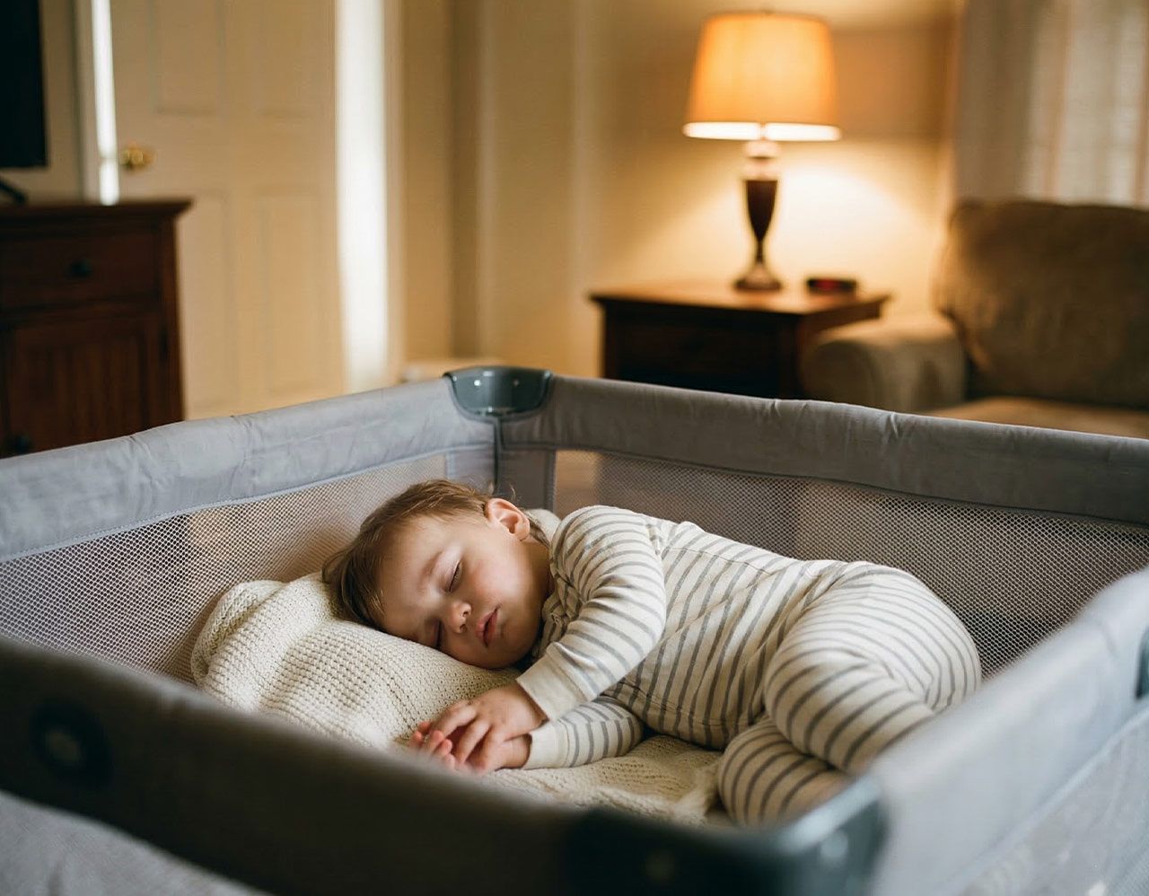 Toddler sleeping peacefully in travel crib in living room with lamp light in background showing sleep adaptability