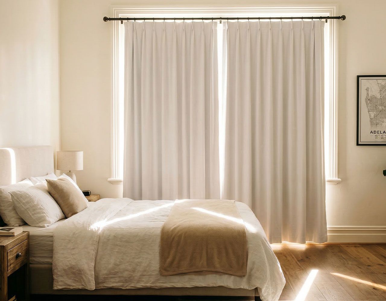 Modern white curtains in bedroom with light leaking 