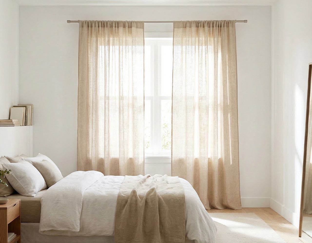Linen white curtains letting light  through bedroom windows
