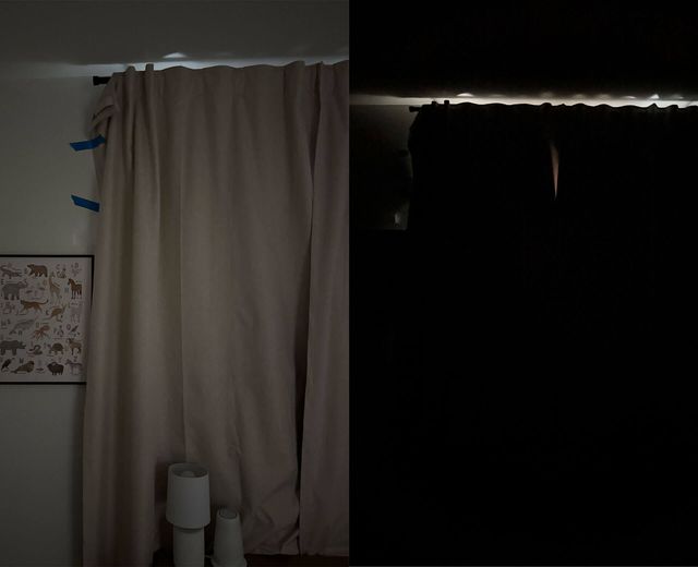two different rooms showing how blackout curtains still leak light