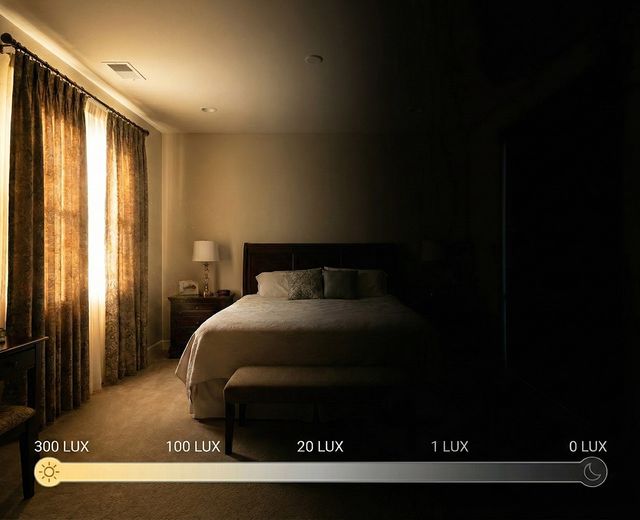 Bedroom split from bright curtain light to total darkness with lux scale from 300 to 0