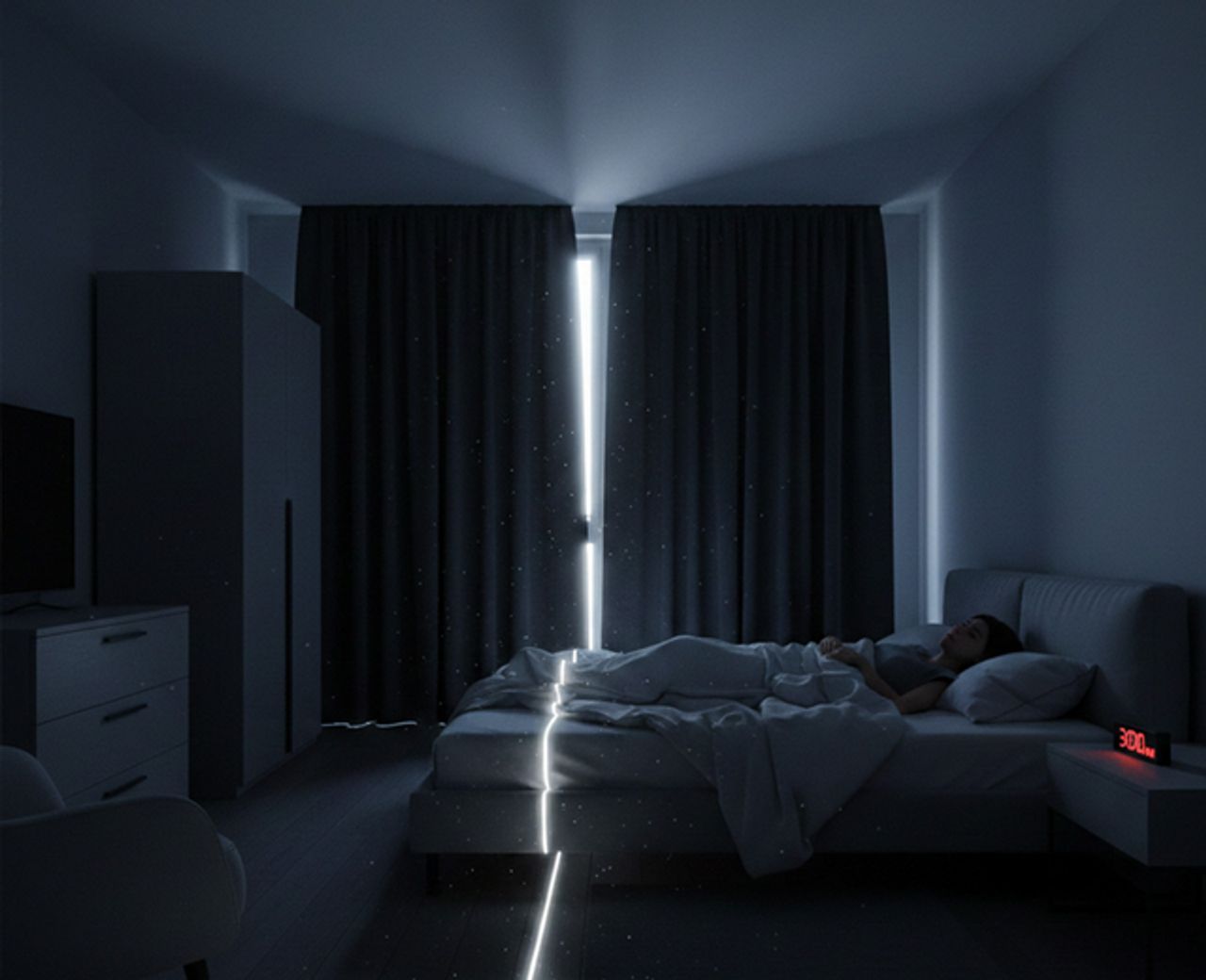 Person sleeping at 3am with a sharp beam of white light cutting through a gap between two dark curtains onto the bed