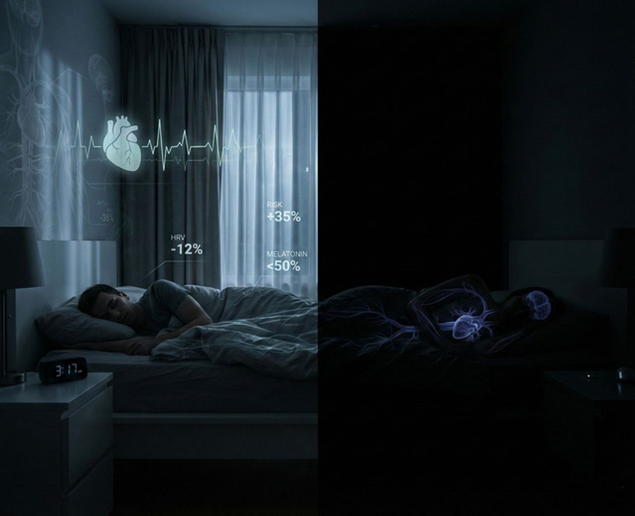 Split-screen of a man sleeping in a partially lit bedroom with health data overlays versus a dark room with an illuminated body scan