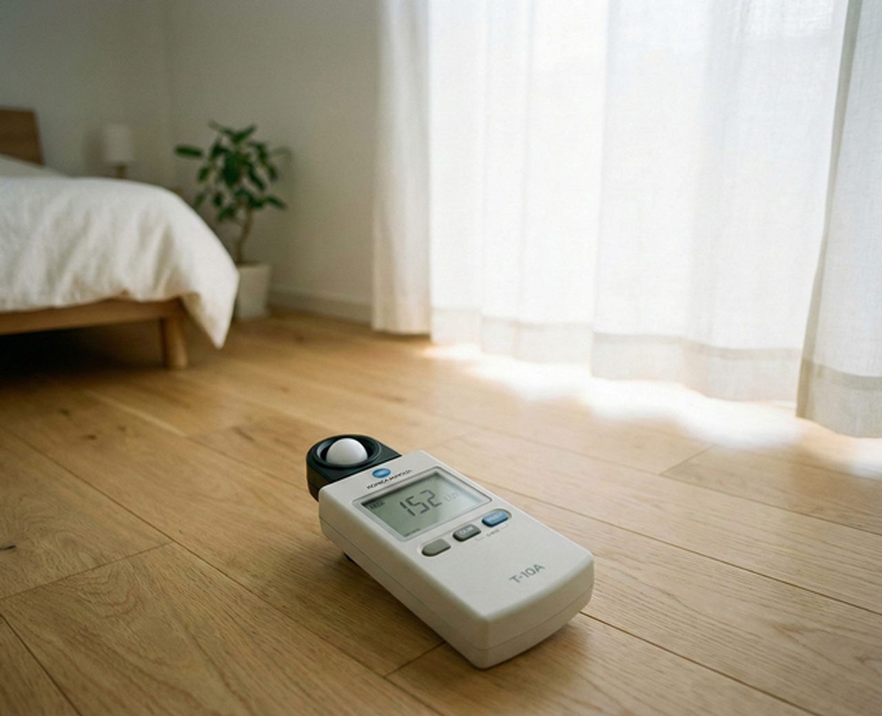 Lux meter on bedroom floor reading 152 lux near light-leaking curtains with bed in background