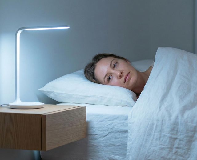 Woman lying awake in bed at night with blue LED light from bedside lamp disrupting sleep