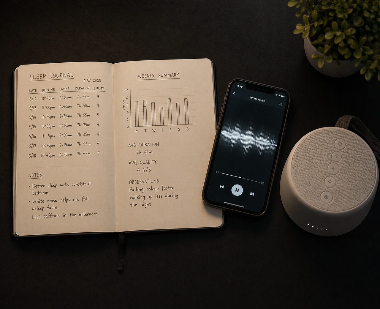 Sleep journal, smartphone waveform, and white noise machine in flat-lay