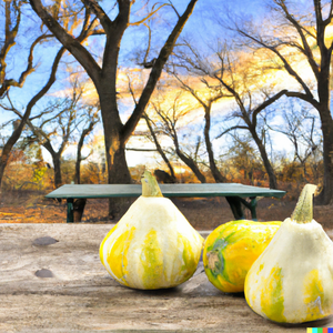 WINTER SQUASH outside on a rustic picnic table with trees in the background