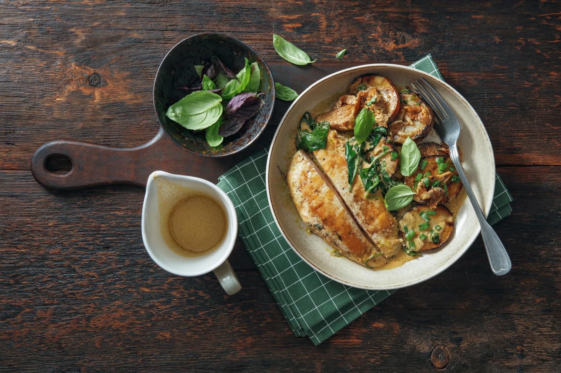 Overhead view of a plate of peppered chicken medallions with mushrooms.